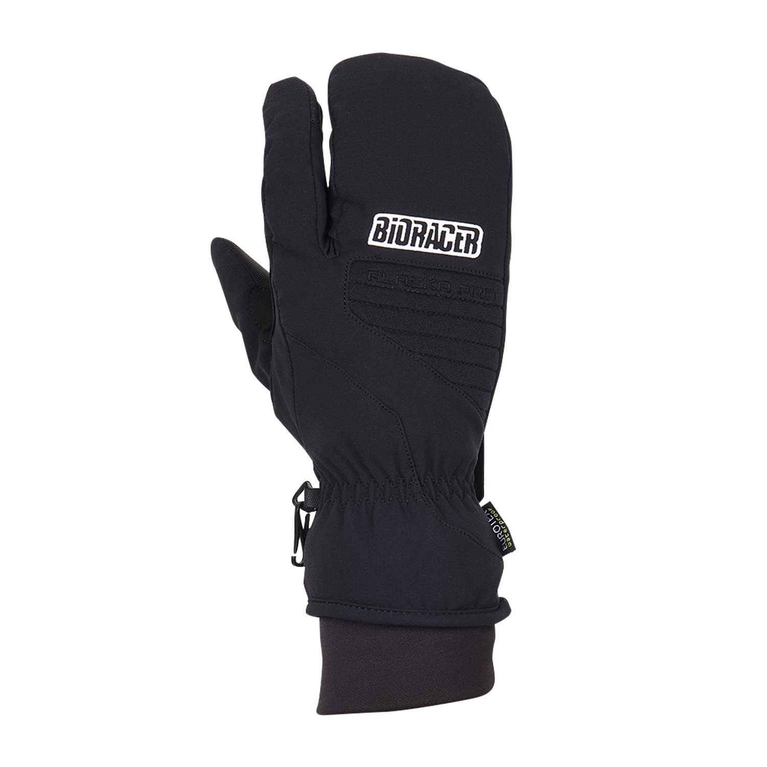 Black Bioracer Alaska Pro Winter Glove with split-finger design, shown from the side to highlight insulation and logo.