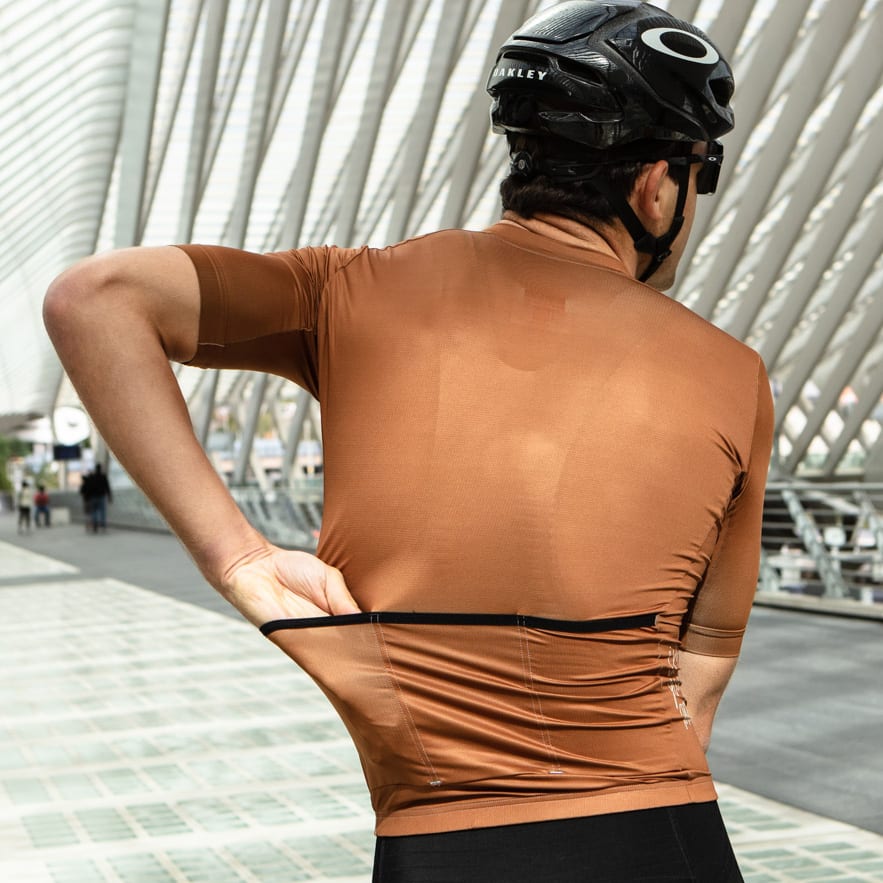 Rear view of a male cyclist wearing the Bioracer Metallix cycling jersey in bronze.