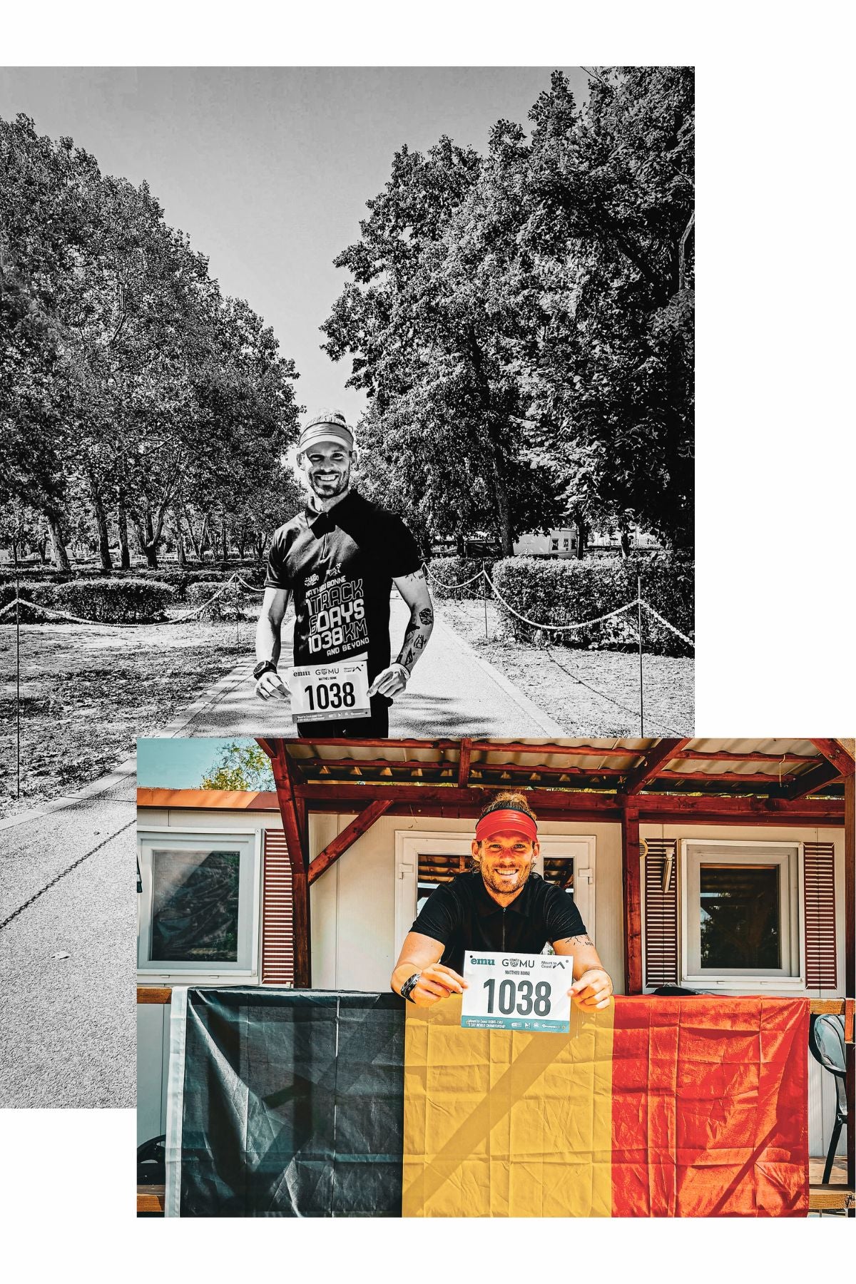 Ultra runner Matthieu Bonne proudly holding race bib 1038 with Belgian flag after finishing extreme endurance event