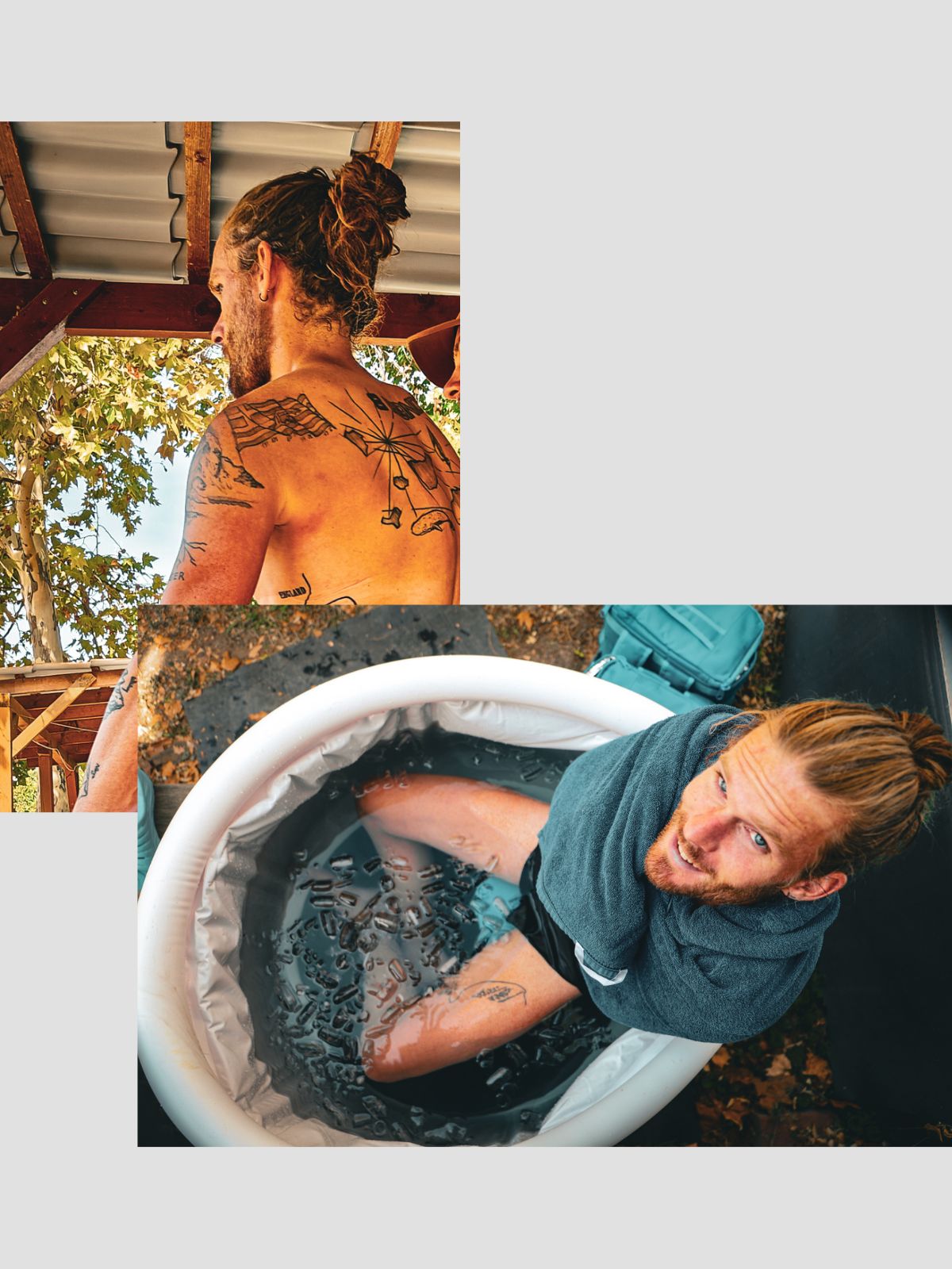 Matthieu Bonne recovering post-race with ice bath therapy and visible back tattoos during ultra endurance event