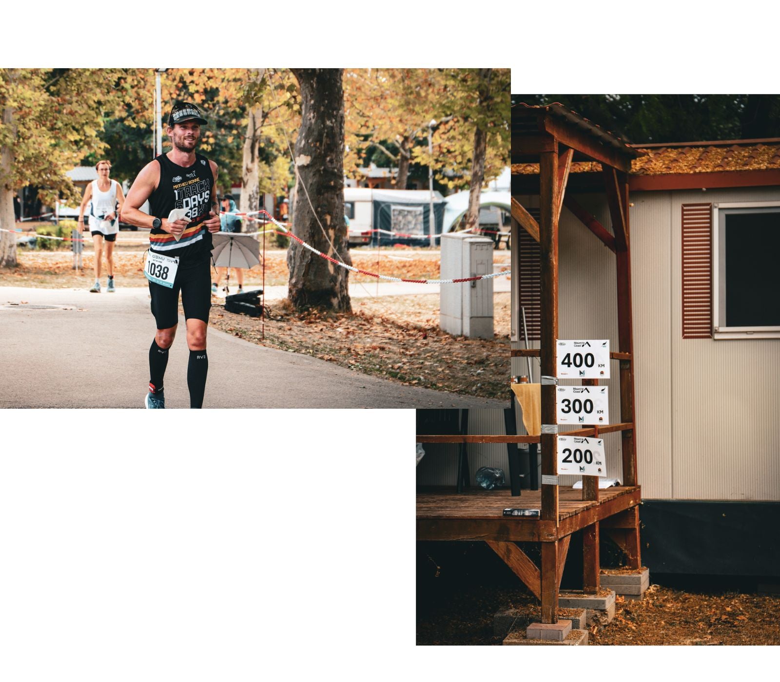 Matthieu Bonne running during his 6-day ultra race, passing by autumn-colored trees and distance markers indicating 200, 300, and 400 kilometers on a wooden structure.