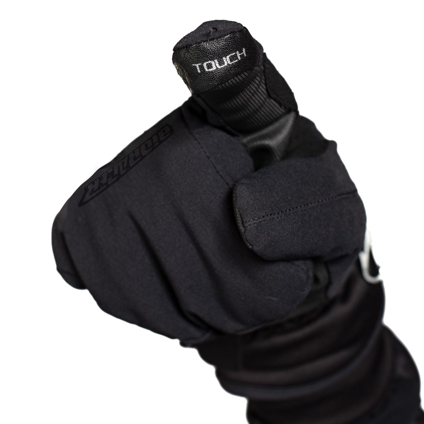 Close-up of the Bioracer Alaska Pro Winter Glove in black, highlighting the touchscreen-compatible thumb design.