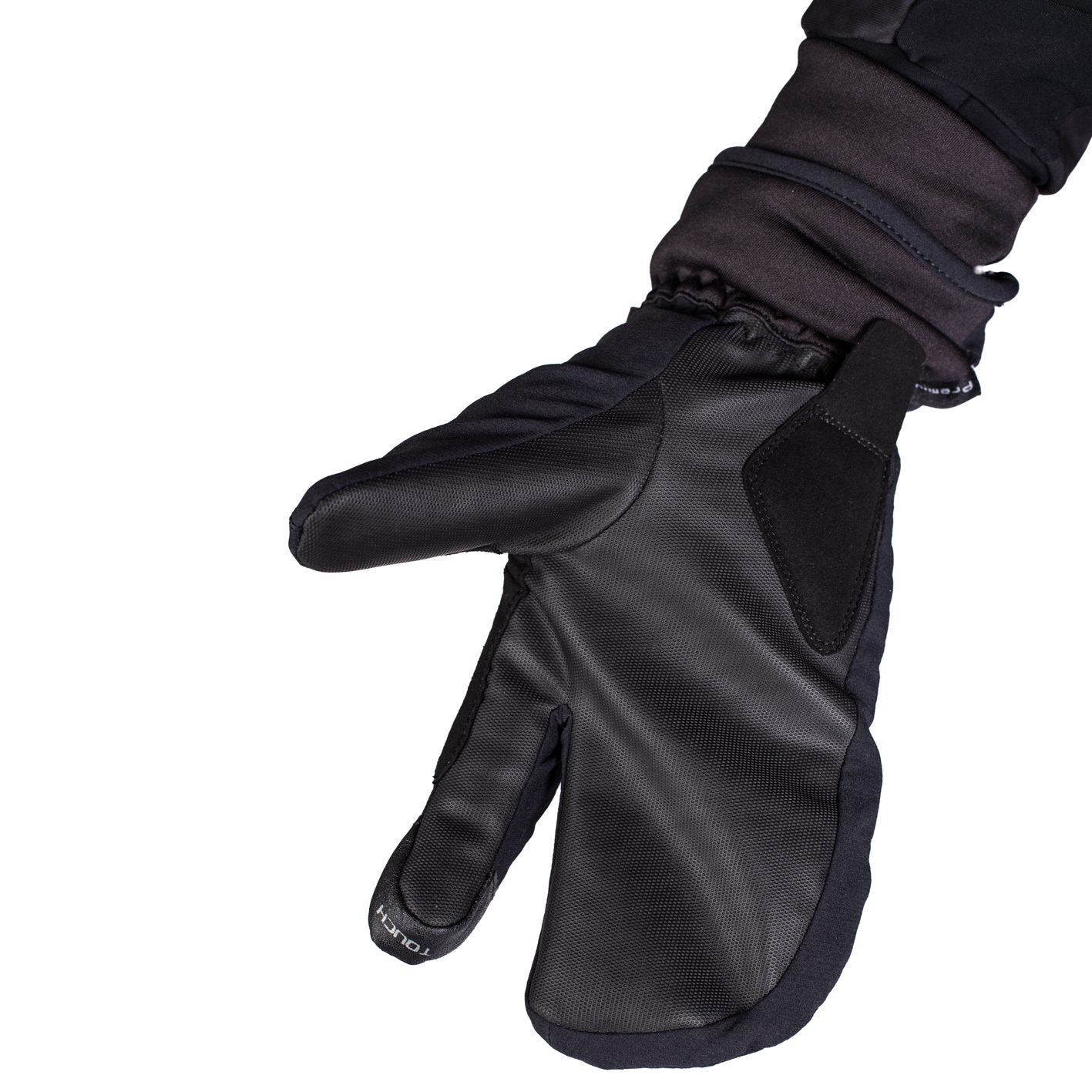 Palm view of the Bioracer Alaska Pro Winter Glove in black, featuring reinforced grip zones and touchscreen compatibility.