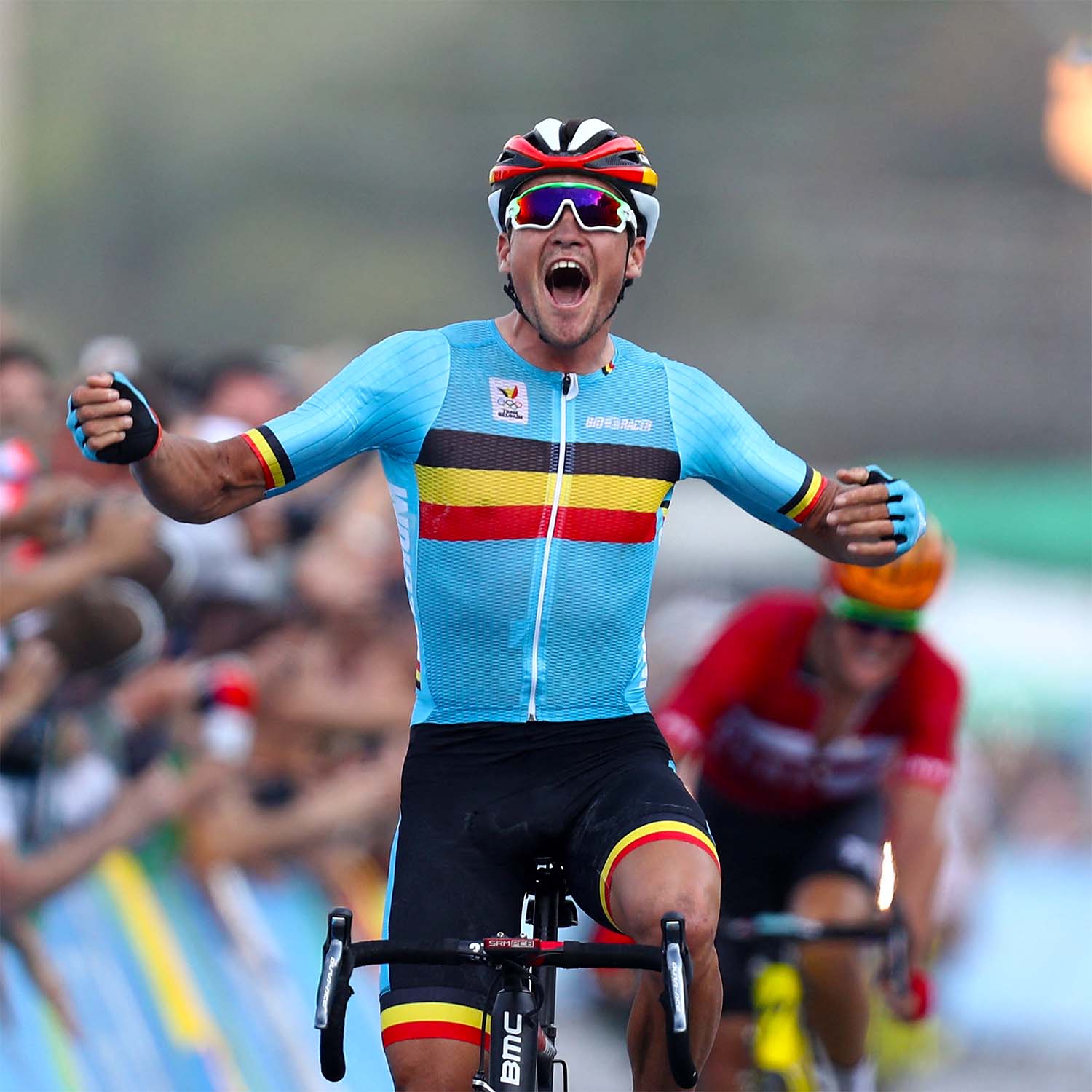 Greg Van Avermaet celebrates his Olympic road race victory at Rio 2016, wearing the Belgian national team kit designed by Bioracer.