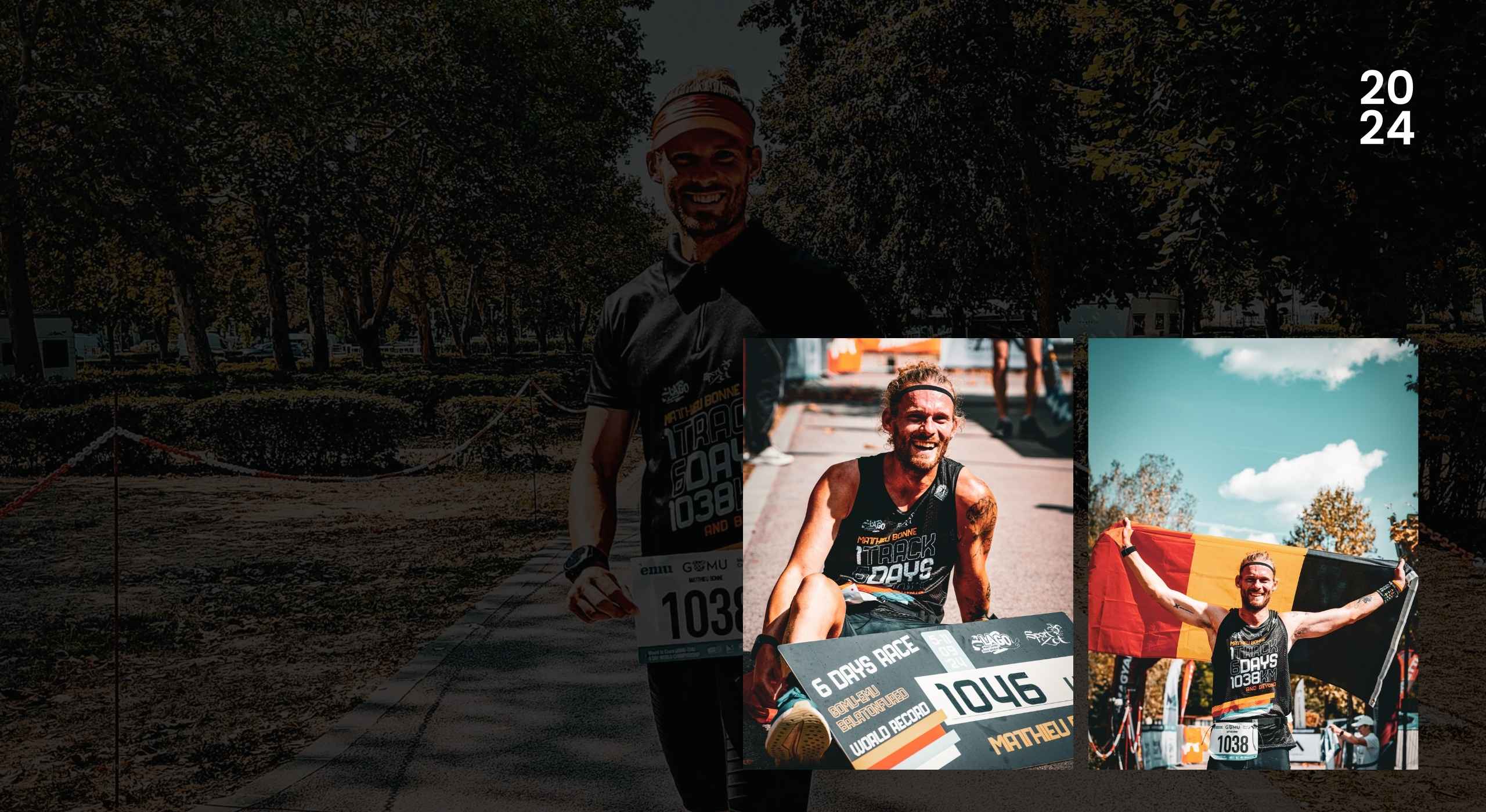 Matthieu Bonne celebrates breaking the world record in a 6-day ultra race with 1046 km, holding the Belgian flag and smiling proudly during the 2024 event.