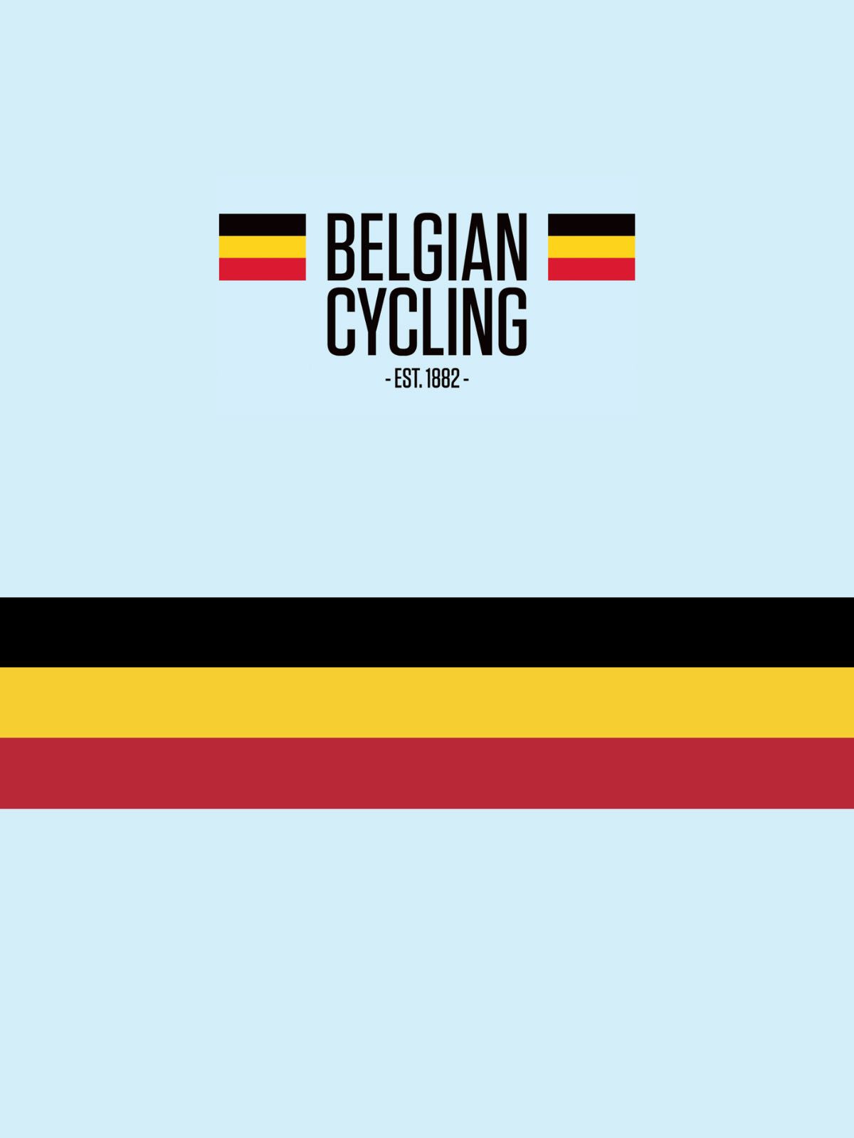 Official Belgian Cycling logo with black, yellow and red stripes on light blue background, established 1882