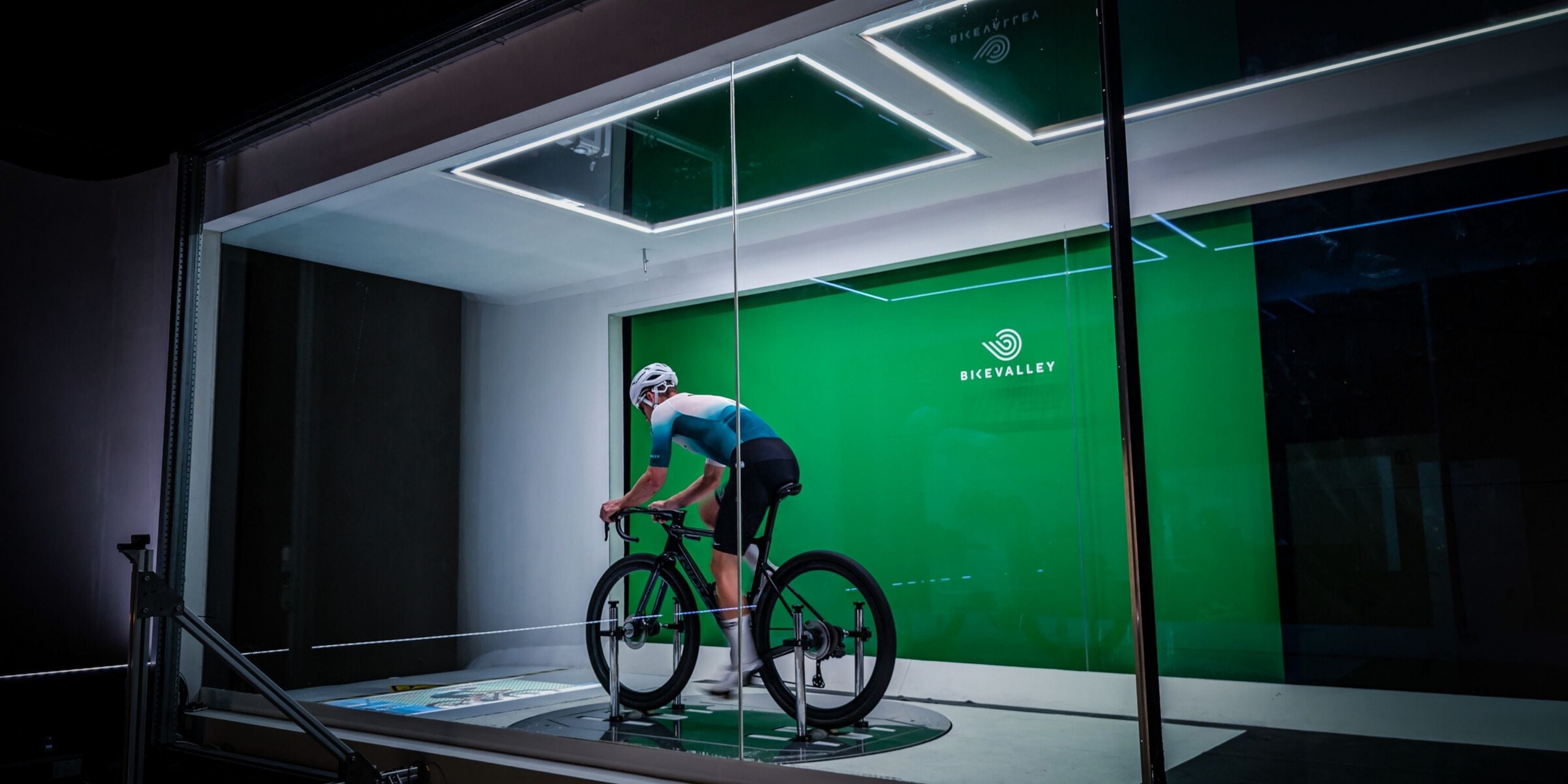 Ridley Racing Team cyclist on bike during aerodynamic testing in Bikevalley wind tunnel facility