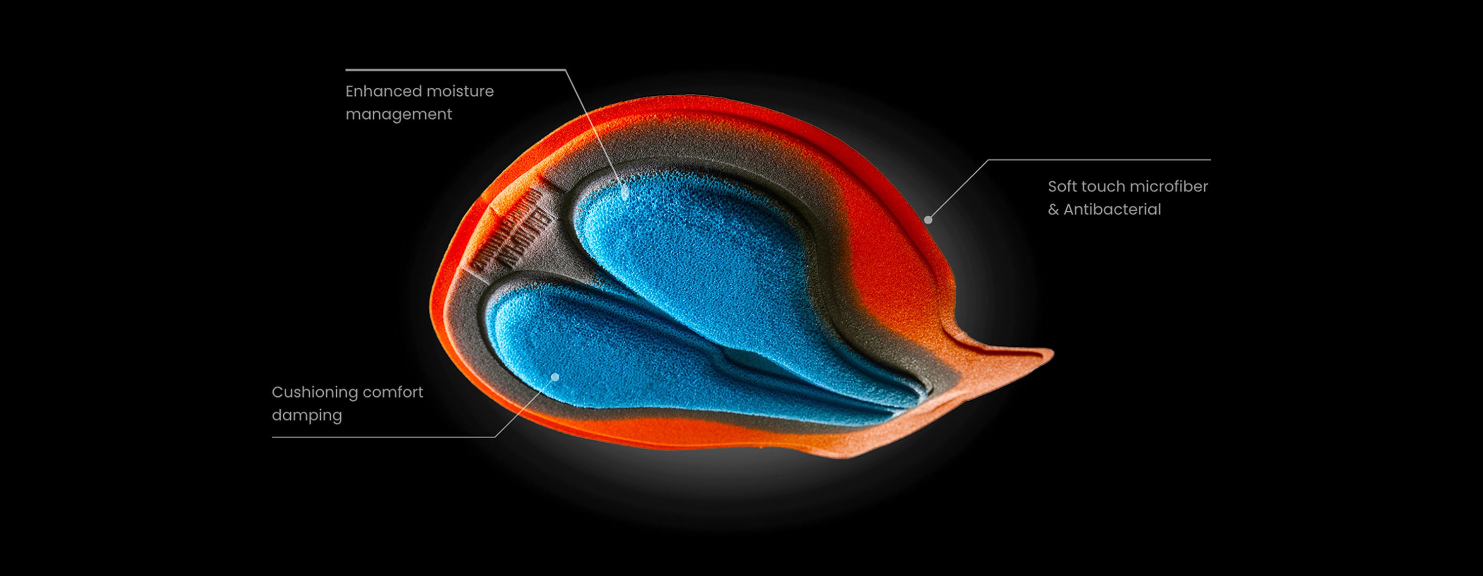 Labeled close-up of Bioracer VAPOR cycling pad showing cushioning zones, moisture management foam and antibacterial microfiber