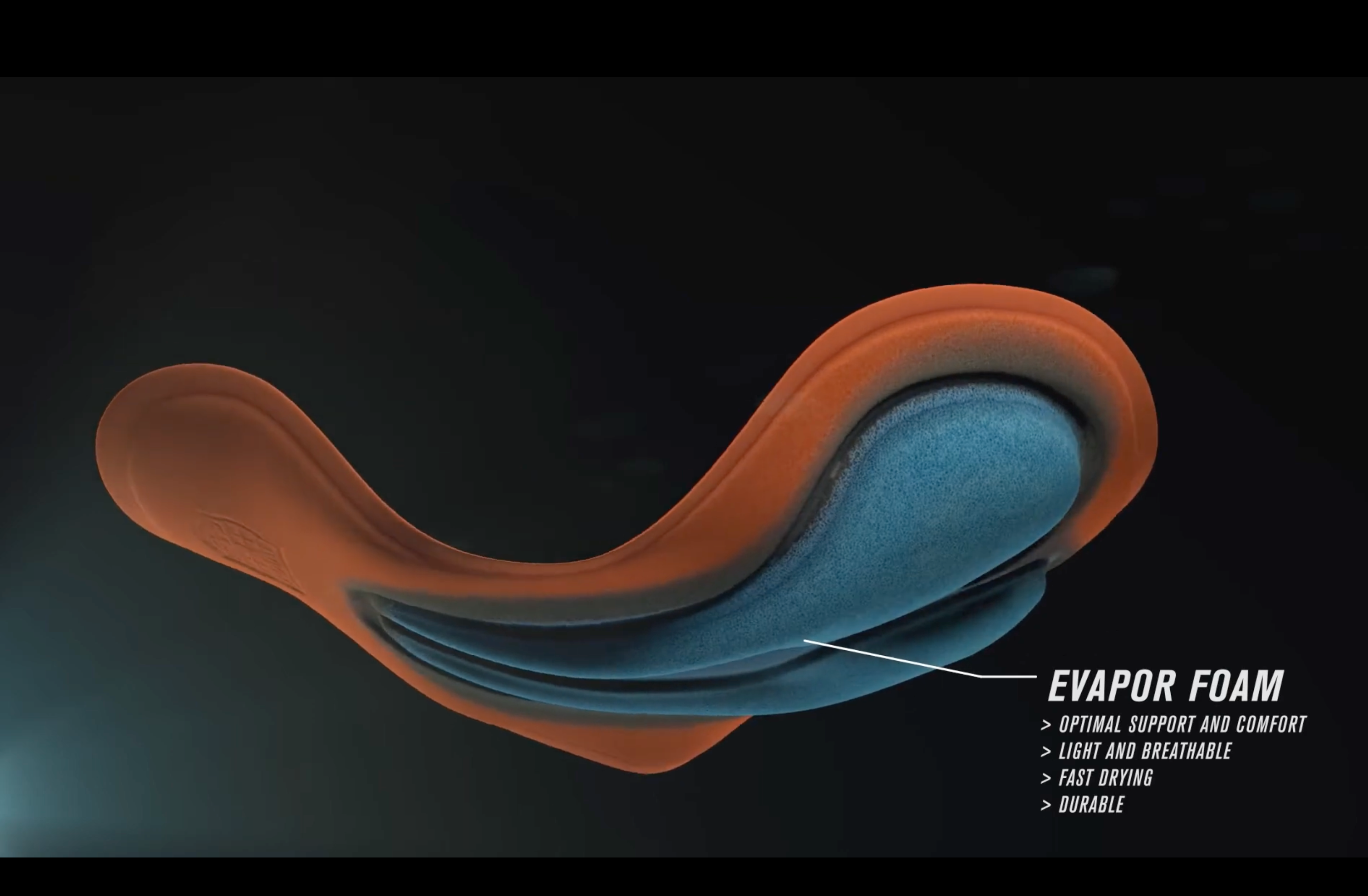 Close-up of the Bioracer Vapor cycling pad featuring Evapor Foam technology, showcasing its ergonomic shape, breathable design, and layered structure for optimal support, comfort, and fast drying performance.