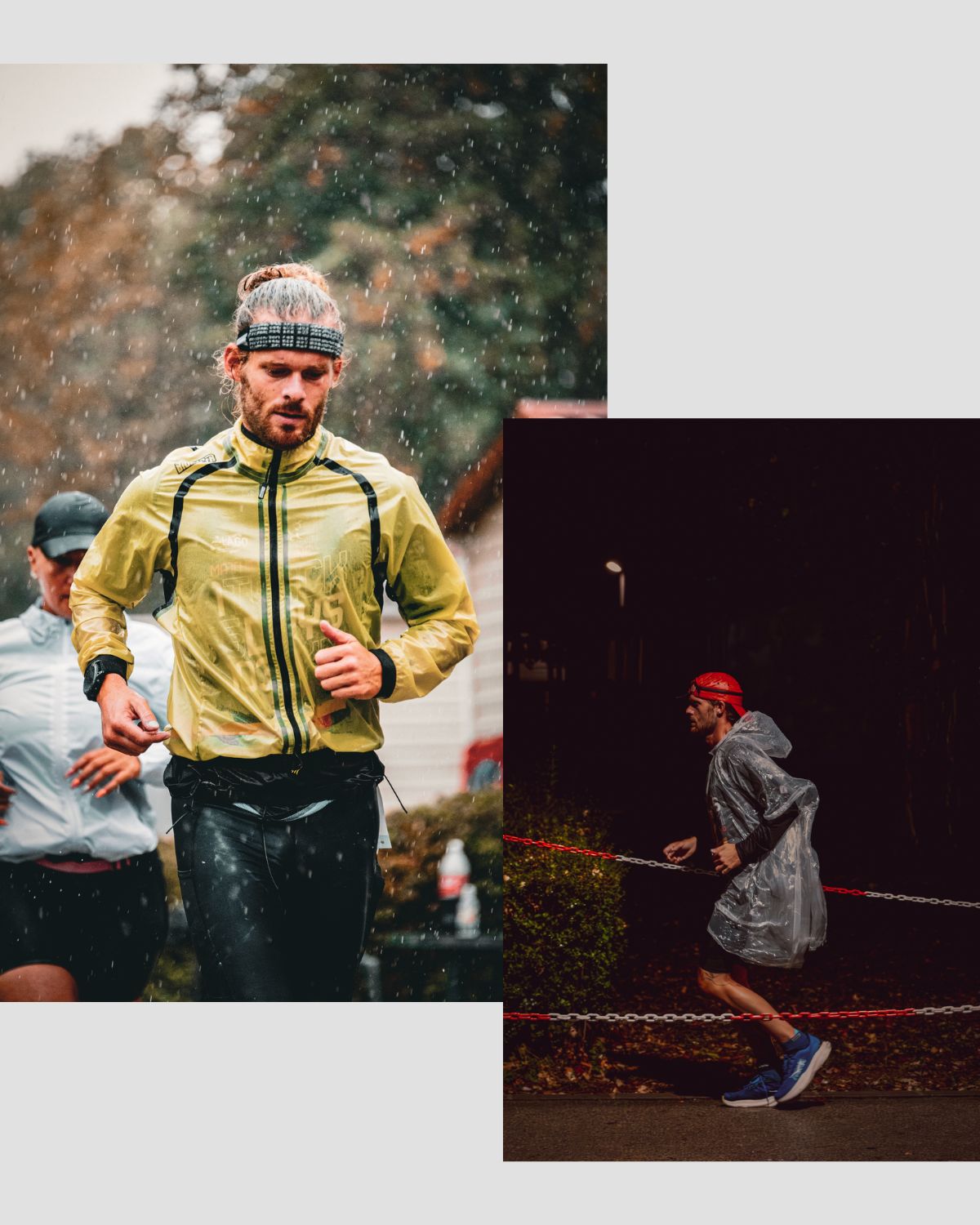 Matthieu Bonne running in the rain wearing waterproof gear during an ultra run, daytime and nighttime shots combined